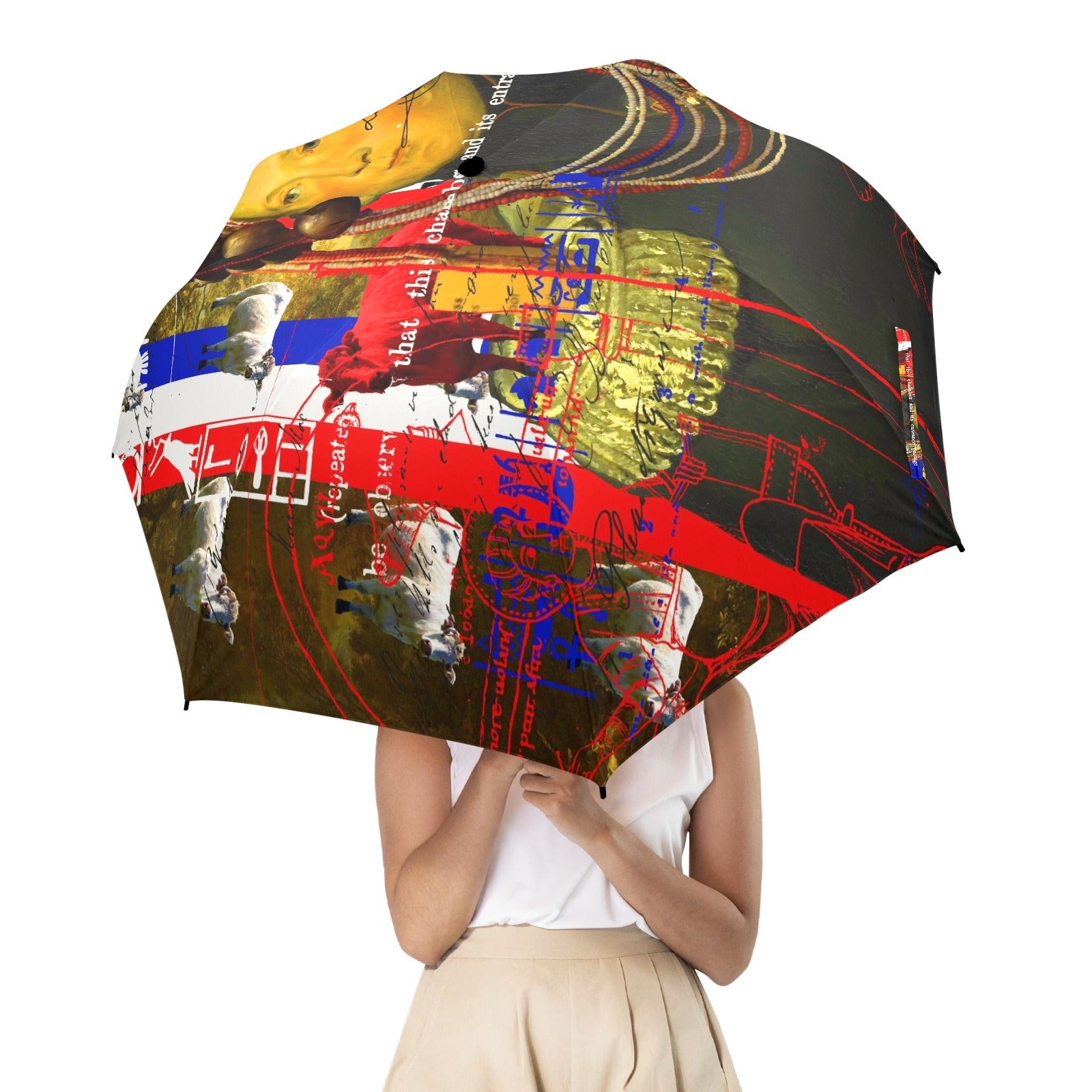 A vibrant BLEU BLANC ROUGE semi-automatic foldable umbrella showcasing its colorful design and sturdy construction.