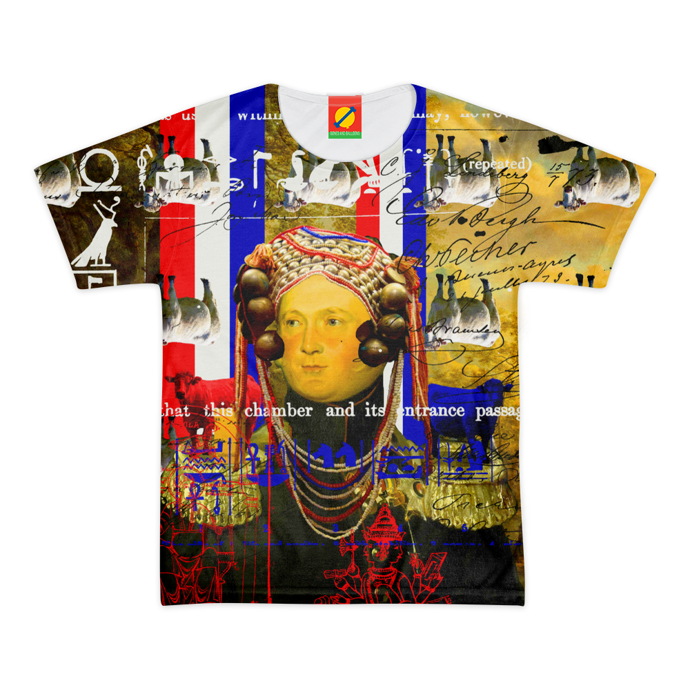 A vibrant BLEU BLANC ROUGE Women's All Over Print Tee showcasing colorful patterns on a soft cotton fabric.