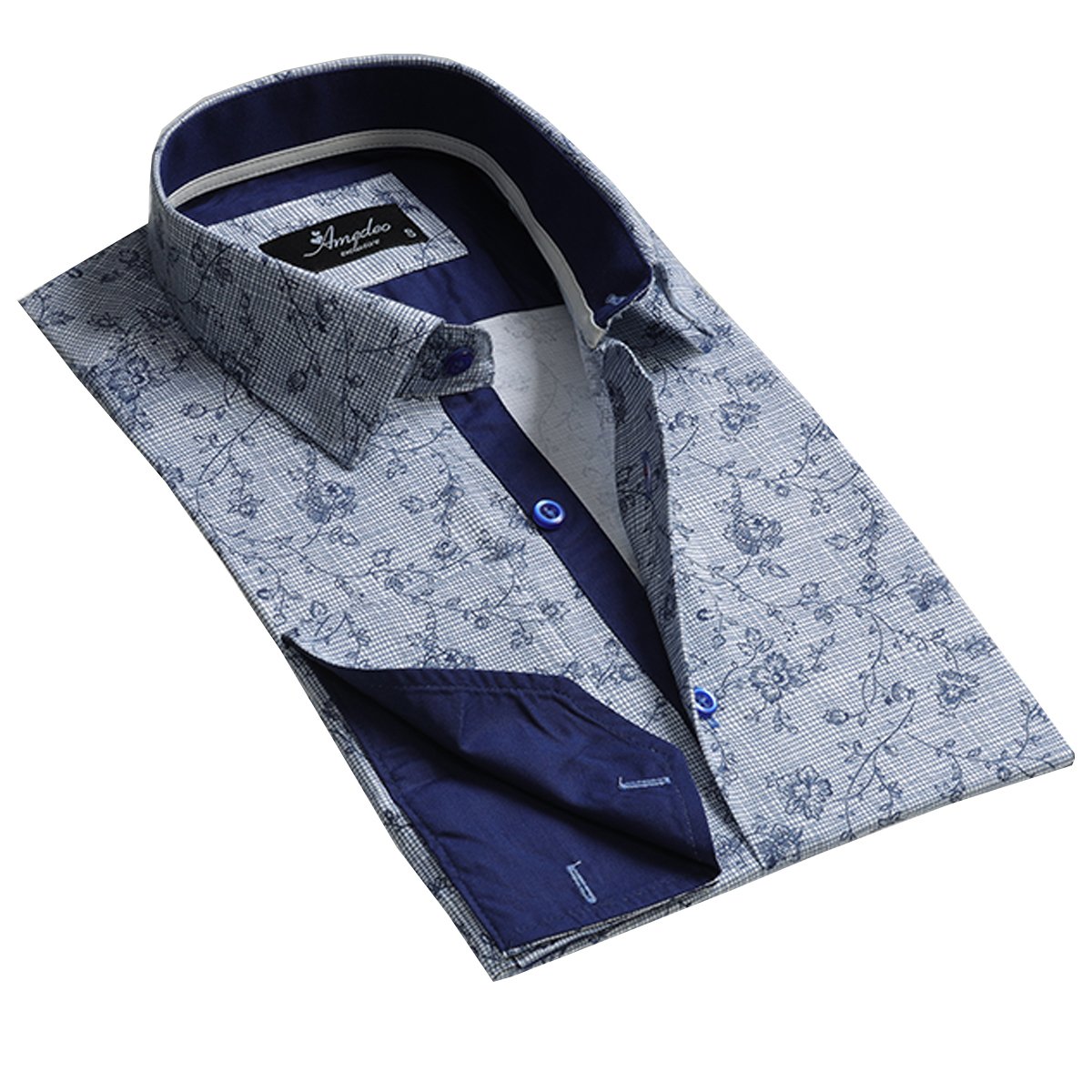 Blue and white men's slim fit French cuff shirt featuring cufflink holes, made from premium cotton with a tailored fit.