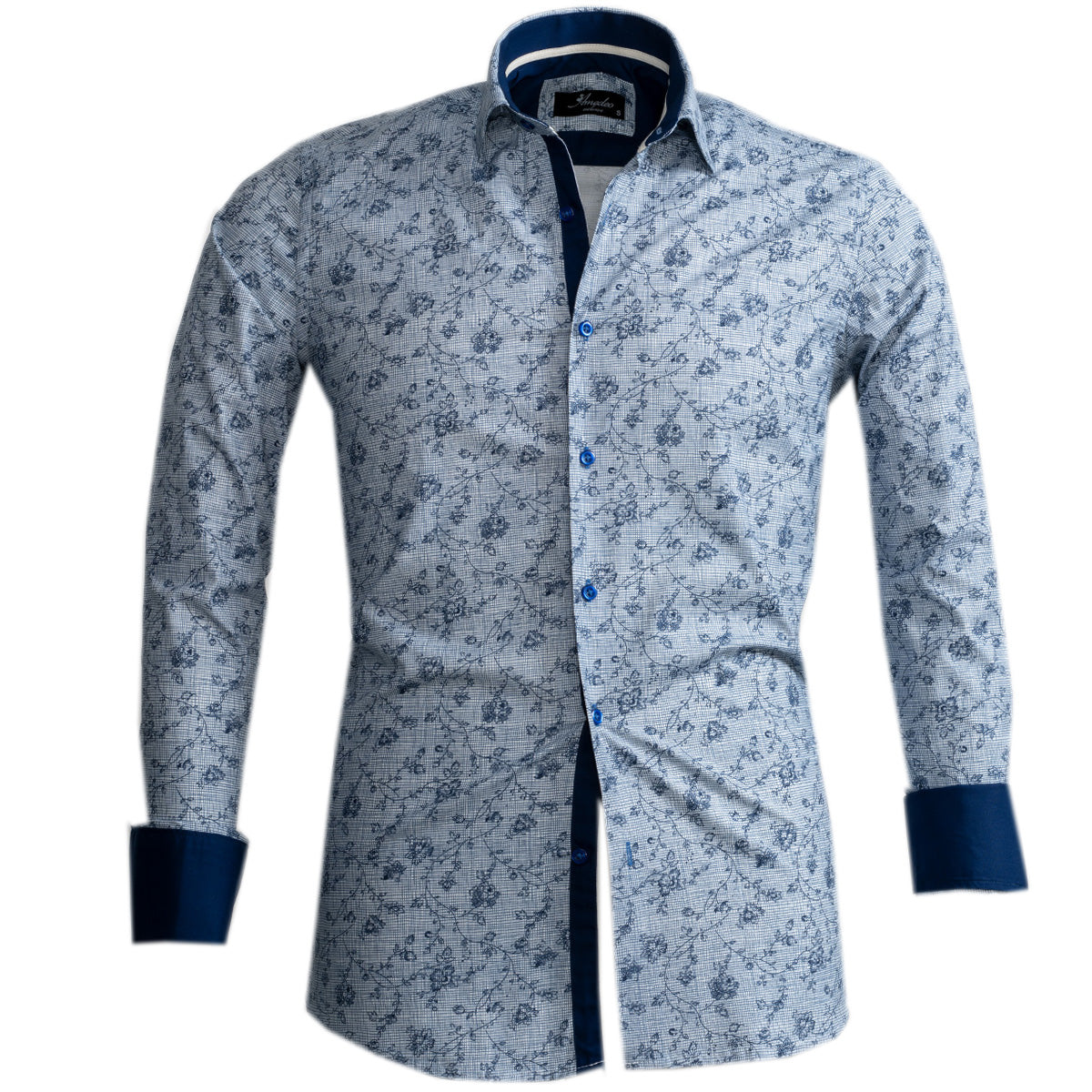Blue and white men's slim fit French cuff shirt featuring cufflink holes, made from premium cotton with a tailored fit.