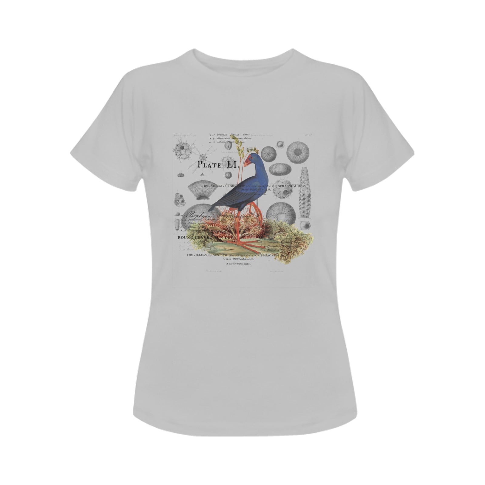 Blue Bird and Sea Urchins Women's Printed Cotton Tee Shirt featuring vintage nature illustrations.