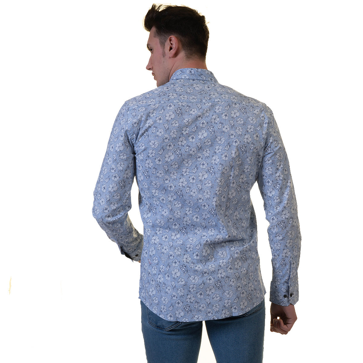 Man wearing a floral shirt.