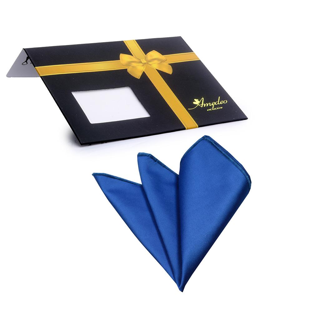 A blue mens pocket square made of premium jacquard woven silk, elegantly folded and displayed in a protective Amedeo bag.