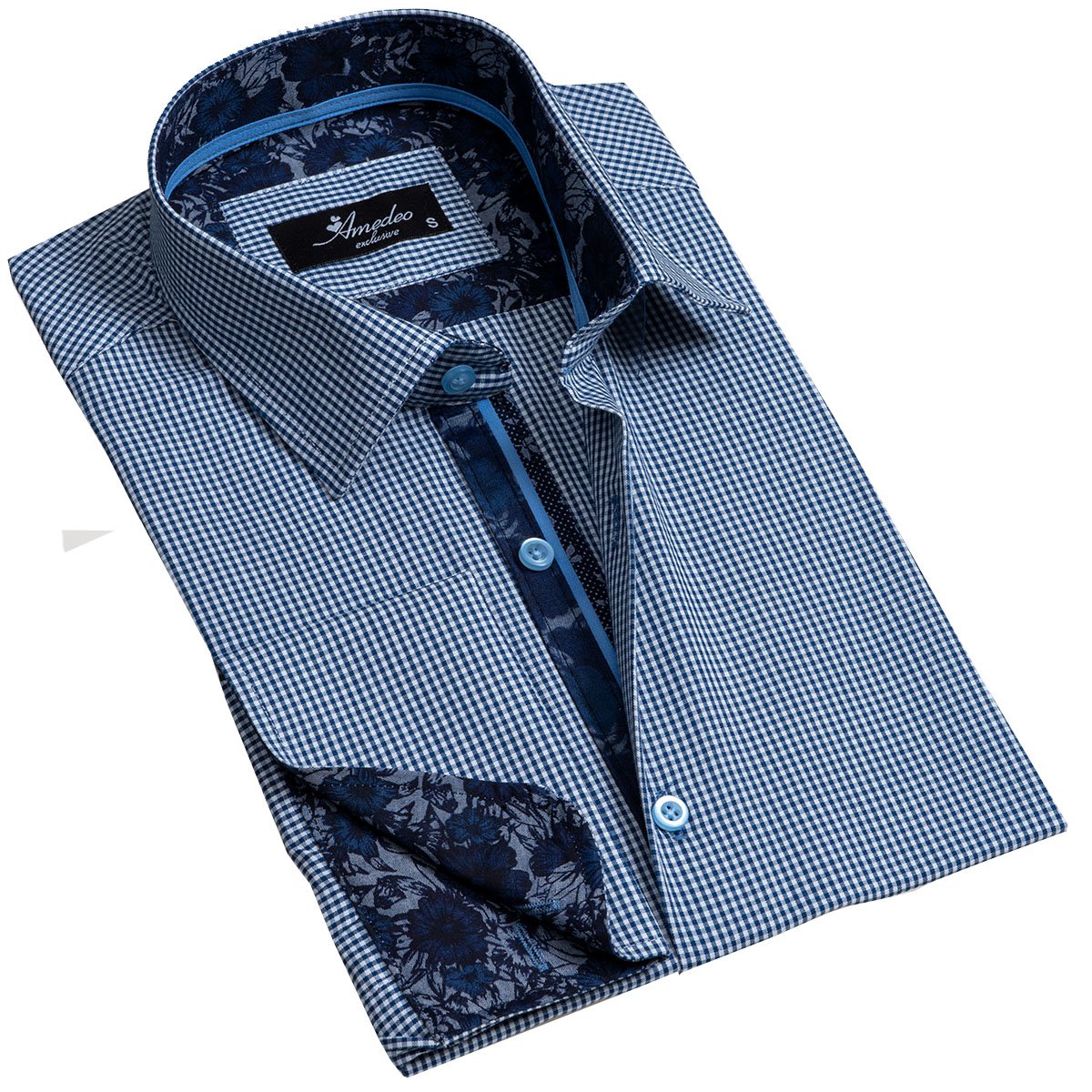 Blue men's slim fit French cuff shirt featuring cufflink holes, made from premium cotton with a tailored design.