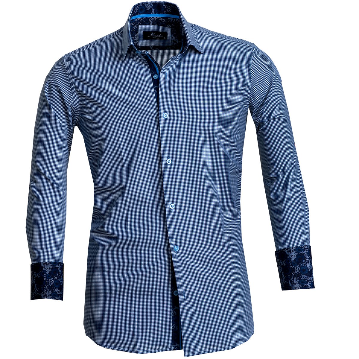 Blue men's slim fit French cuff shirt featuring cufflink holes, made from premium cotton with a tailored design.