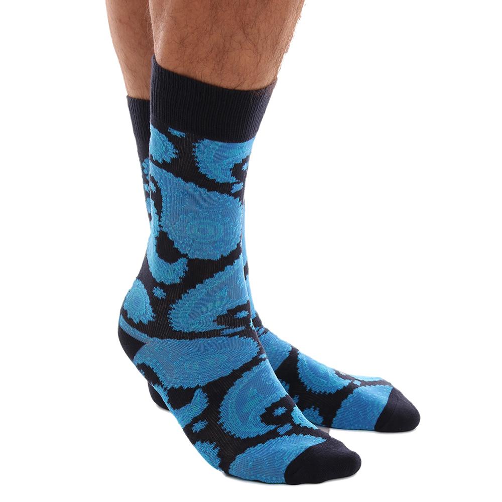 Blue Paisley Mens Colorful Crew Socks made from luxury European cotton, featuring a vibrant paisley pattern and soft elastic ribbed top.
