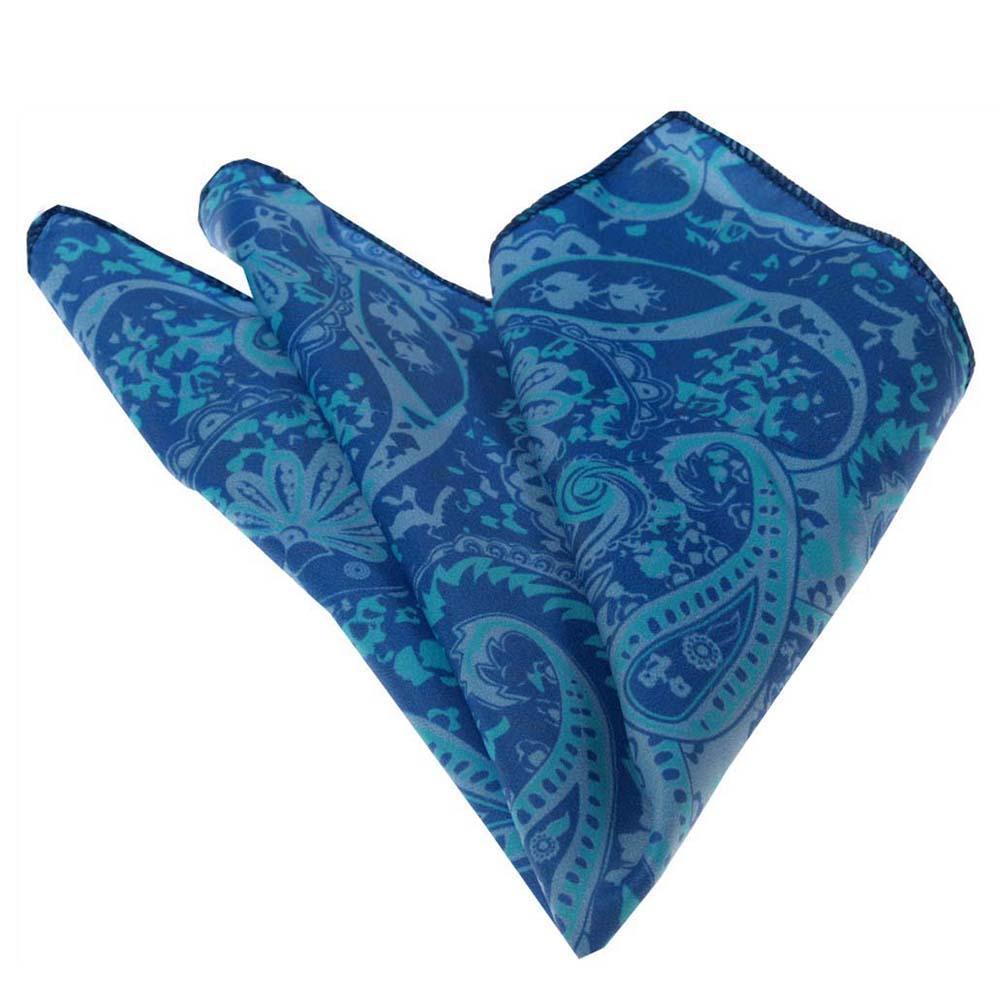 Blue paisley mens pocket square made of premium silk, featuring intricate patterns and rich blue shades, elegantly folded and displayed.