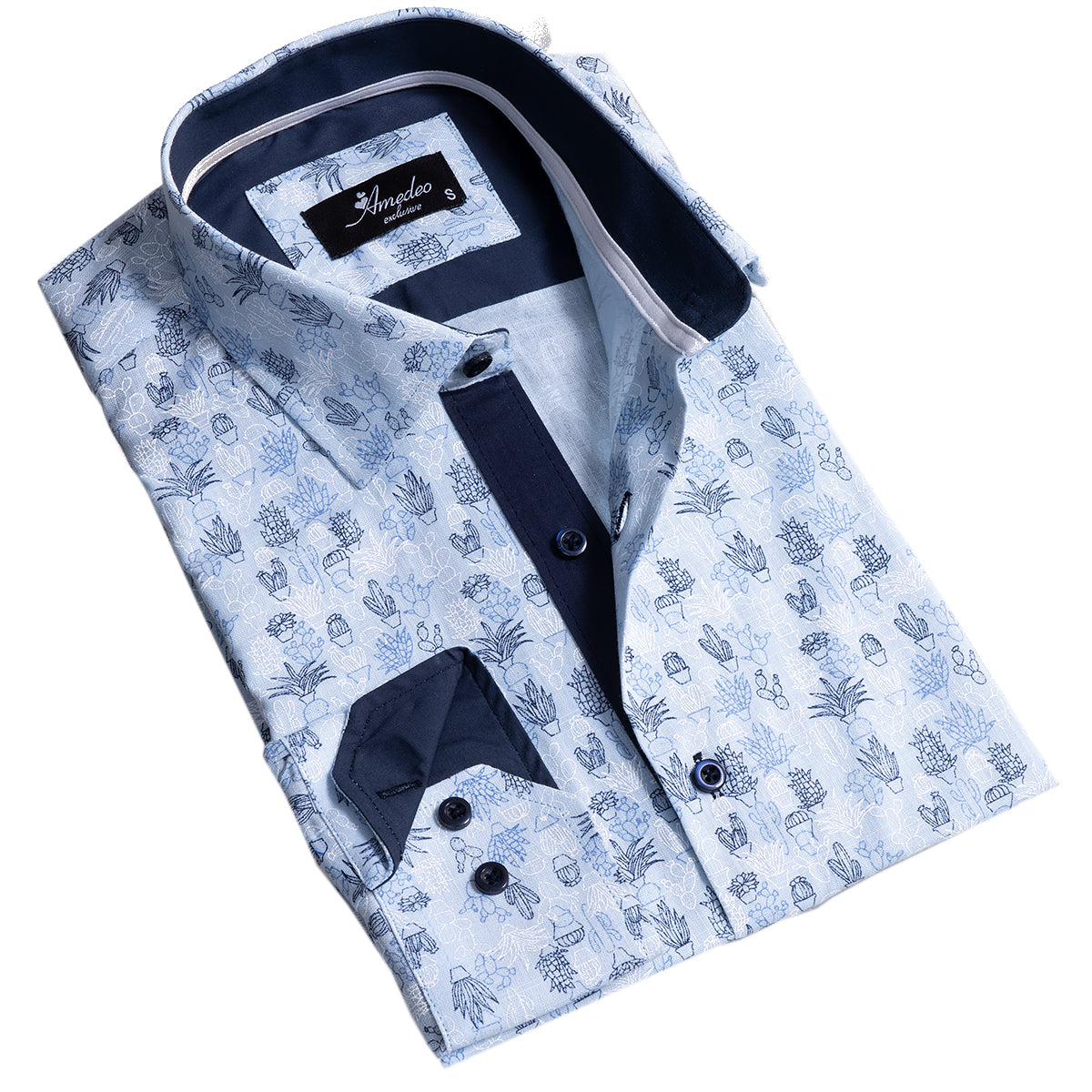 A stylish blue printed men's slim fit designer dress shirt made from luxury cotton, featuring a spread collar and designer cuffs.