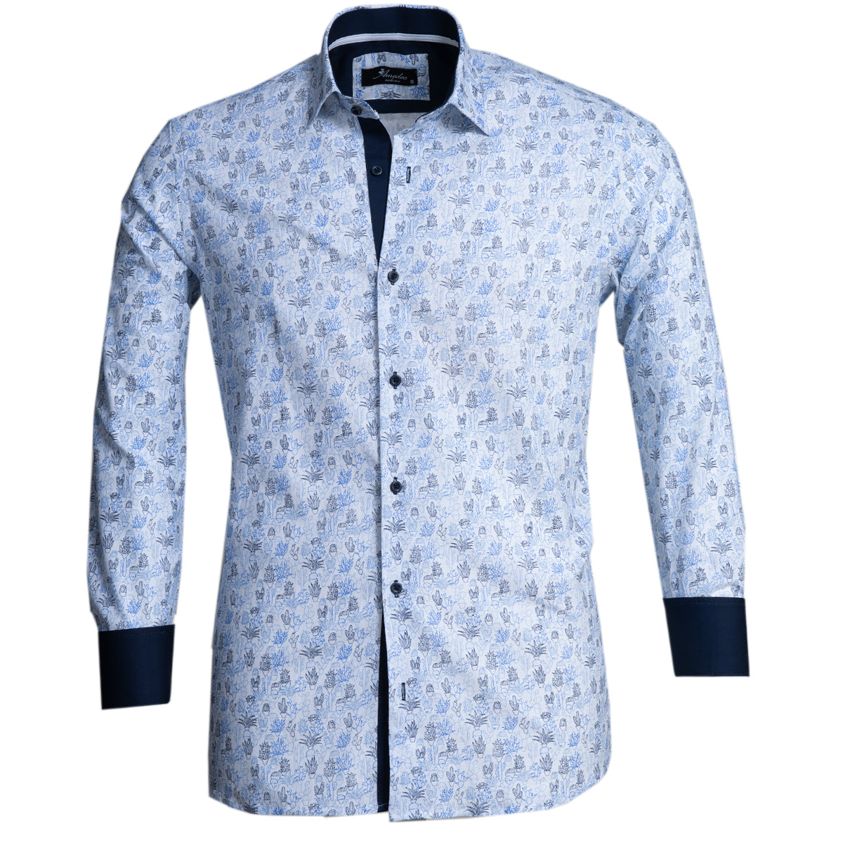 A stylish blue printed men's slim fit designer dress shirt made from luxury cotton, featuring a spread collar and designer cuffs.