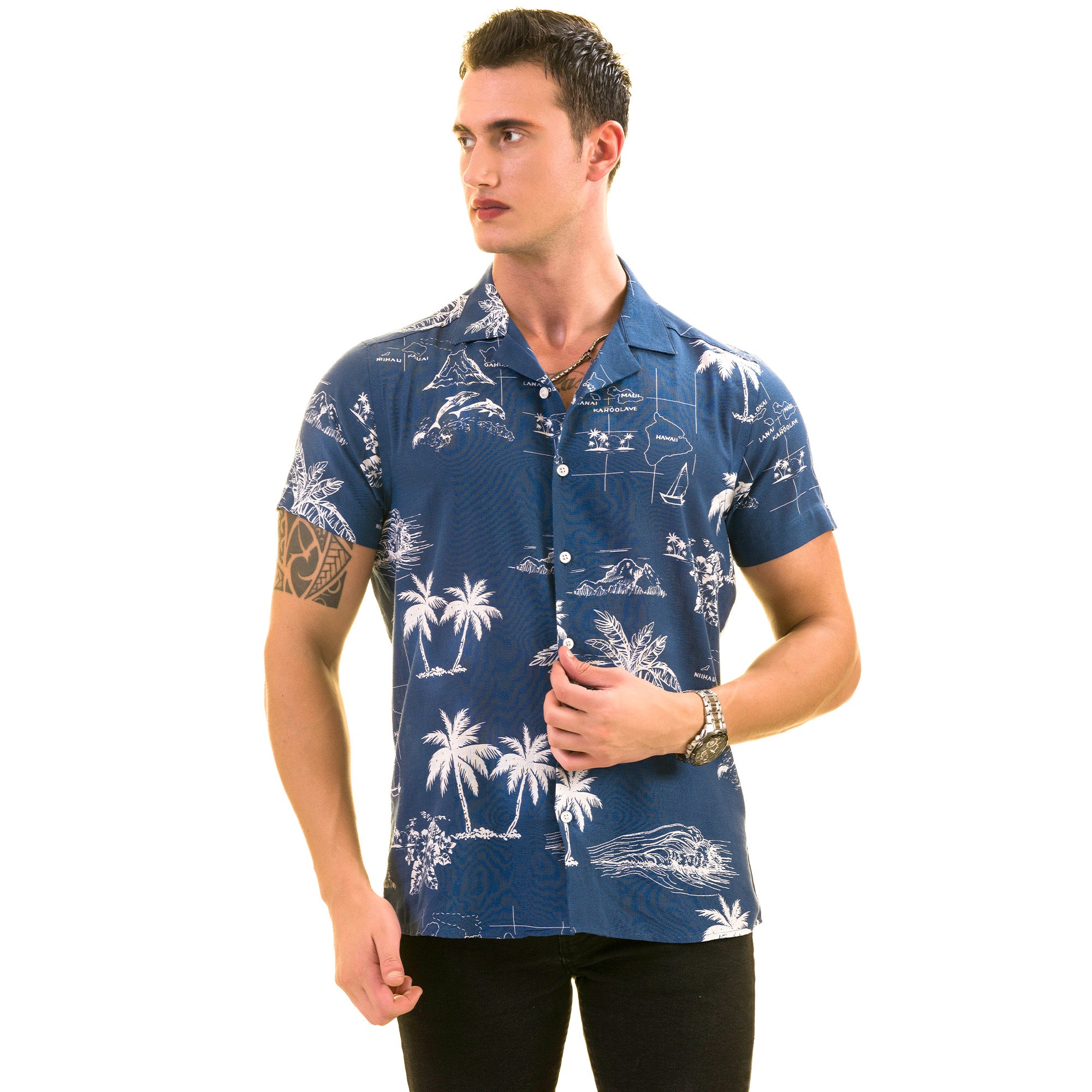 Blue printed Hawaiian summer shirt on a white background, showcasing European design and luxury cotton fabric.