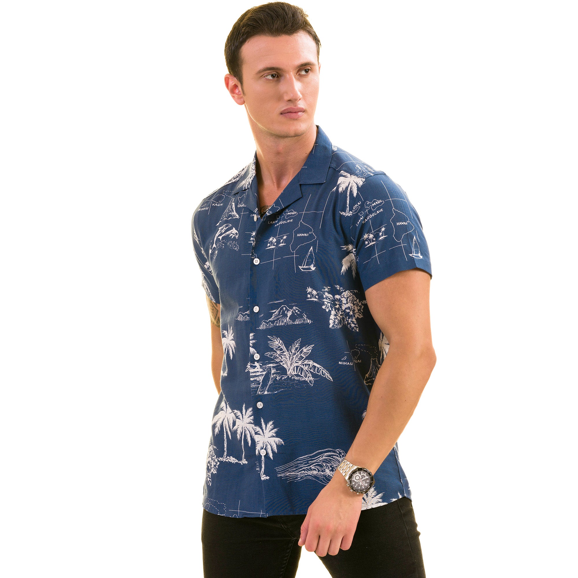 Blue printed Hawaiian summer shirt on a white background, showcasing European design and luxury cotton fabric.