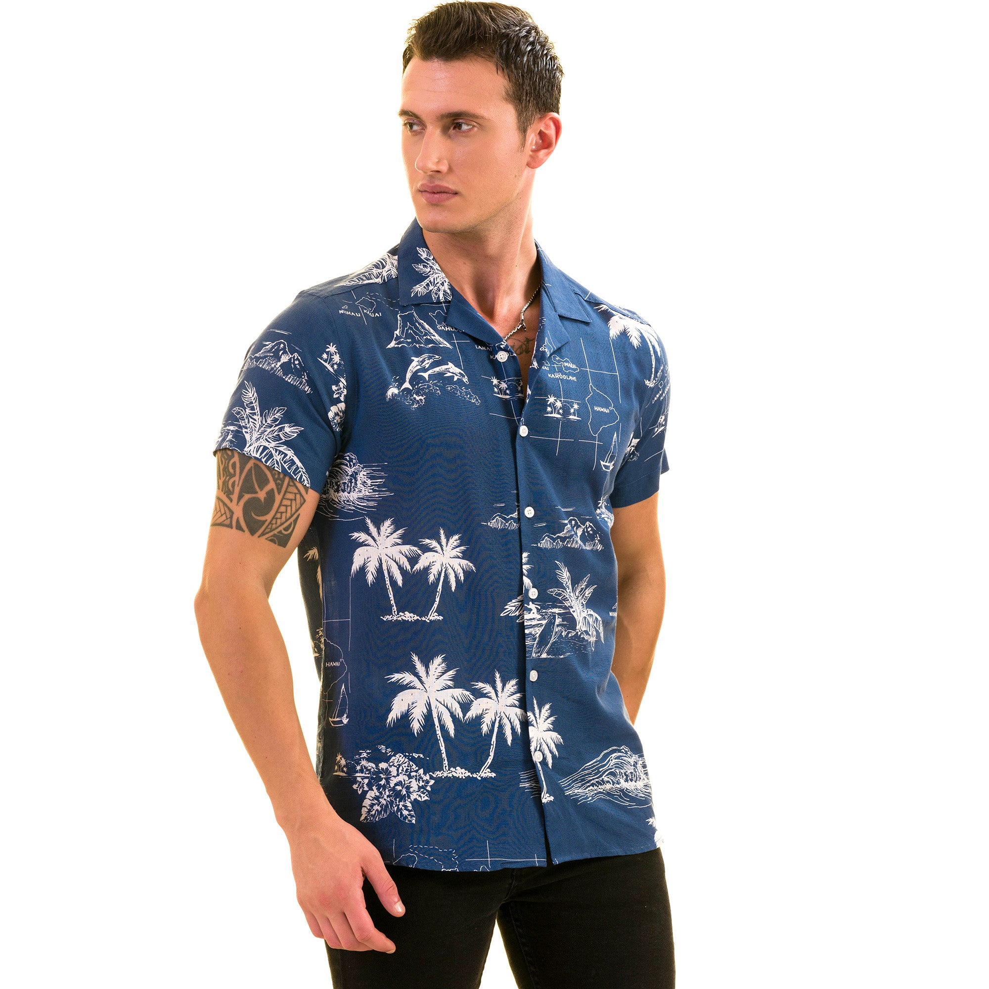 Blue printed Hawaiian summer shirt on a white background, showcasing European design and luxury cotton fabric.