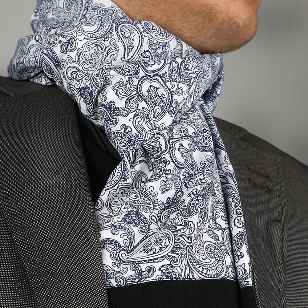 A luxurious Blue White Paisley Mens Silk Scarf displayed elegantly, showcasing its intricate design and soft texture.