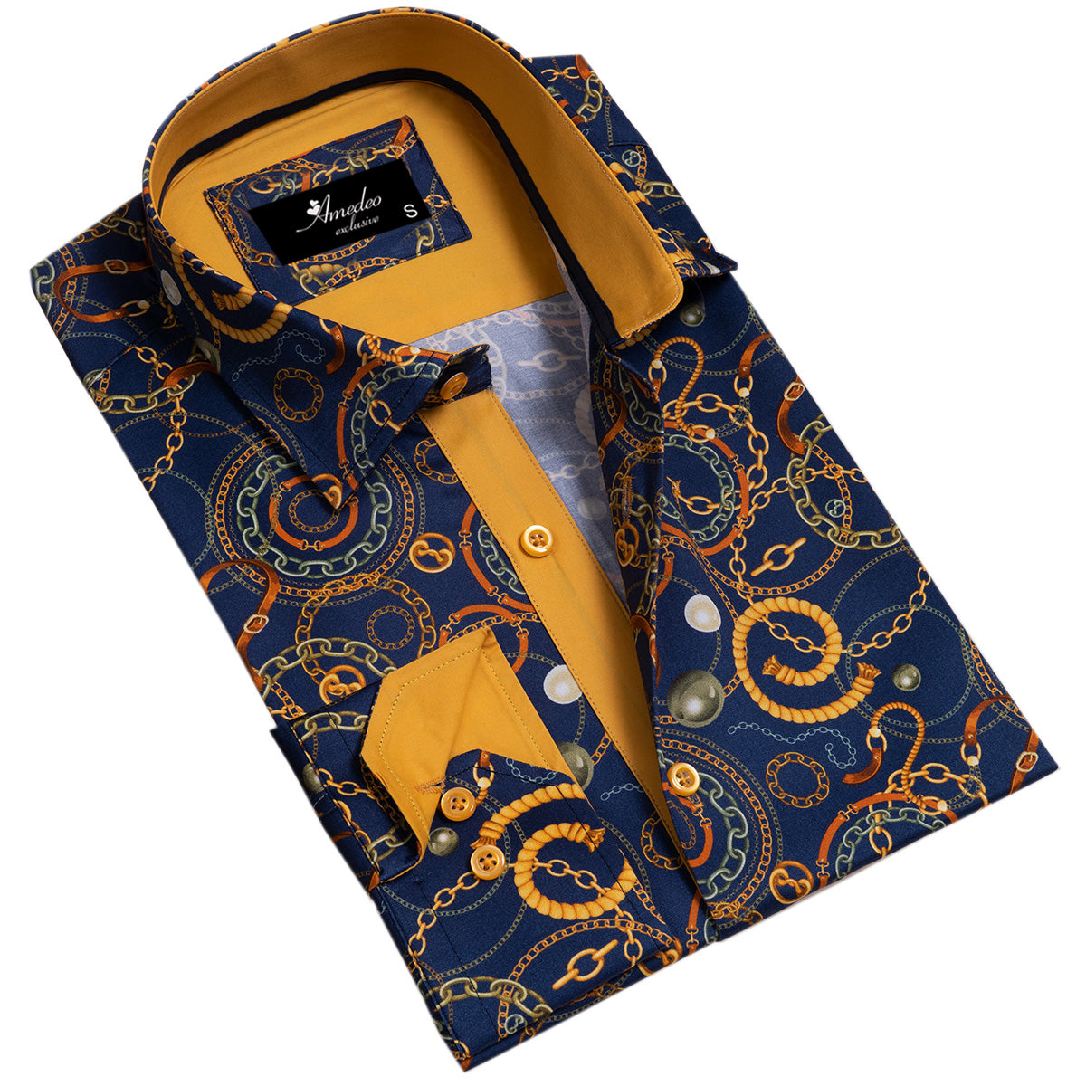Blue with orange swirls men's slim fit designer dress shirt, showcasing a modern spread collar and designer cuff.