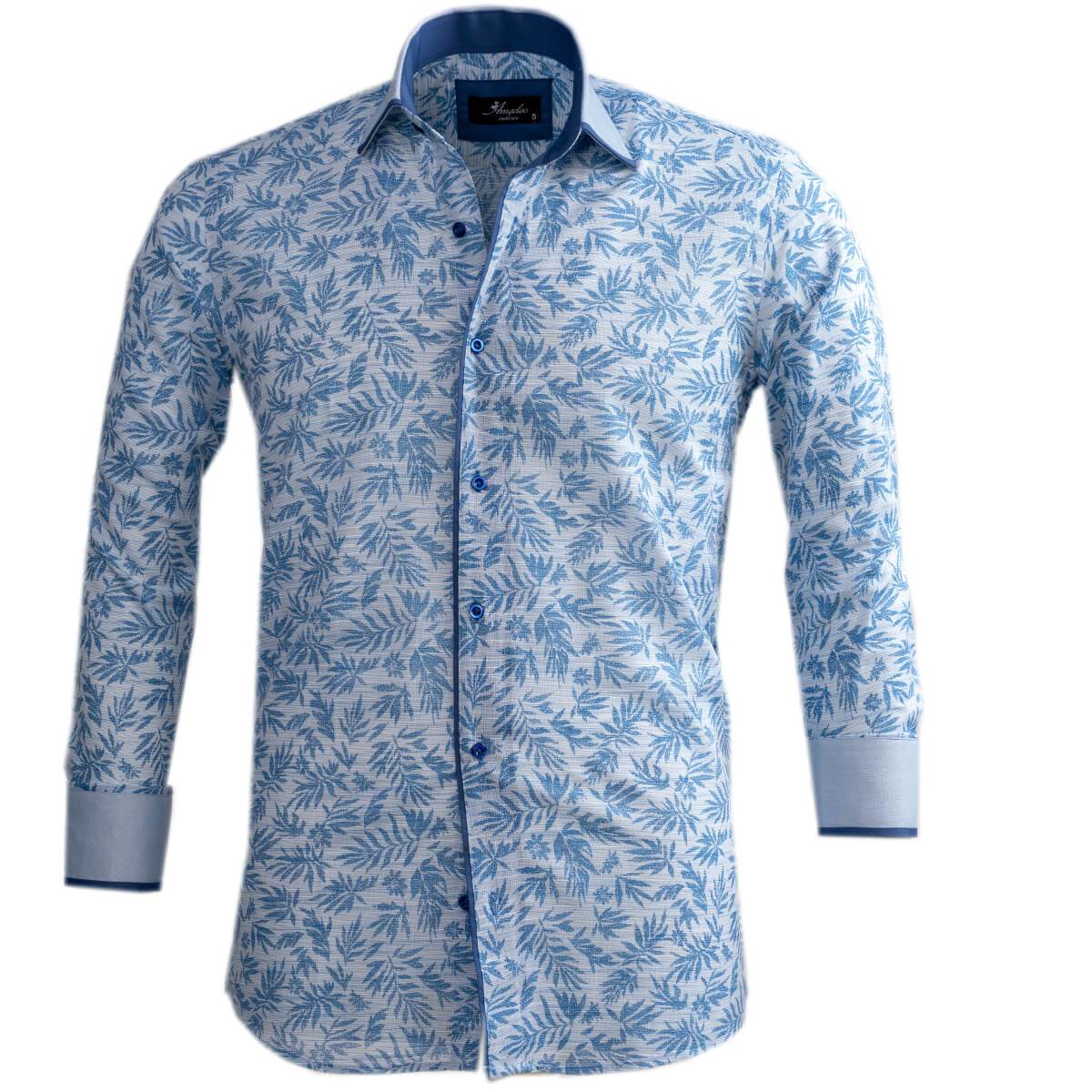 Blueish Grey Floral Mens Slim Fit Designer Dress Shirt featuring a spread collar and designer cuff, made from luxury European cotton.