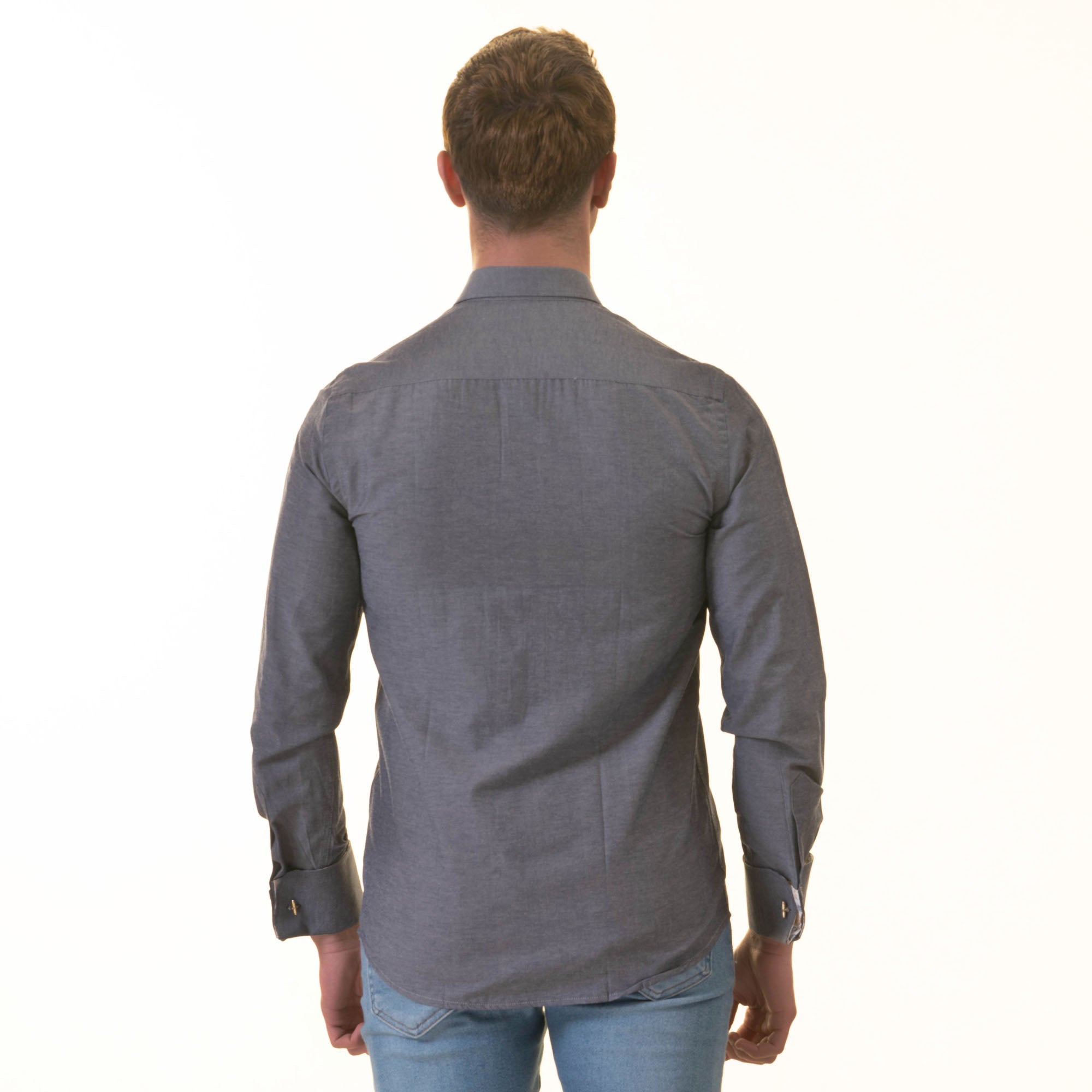 Bluish inside floral men's slim fit designer French cuff shirt with reversible cuffs, showcasing a modern design and premium cotton fabric.