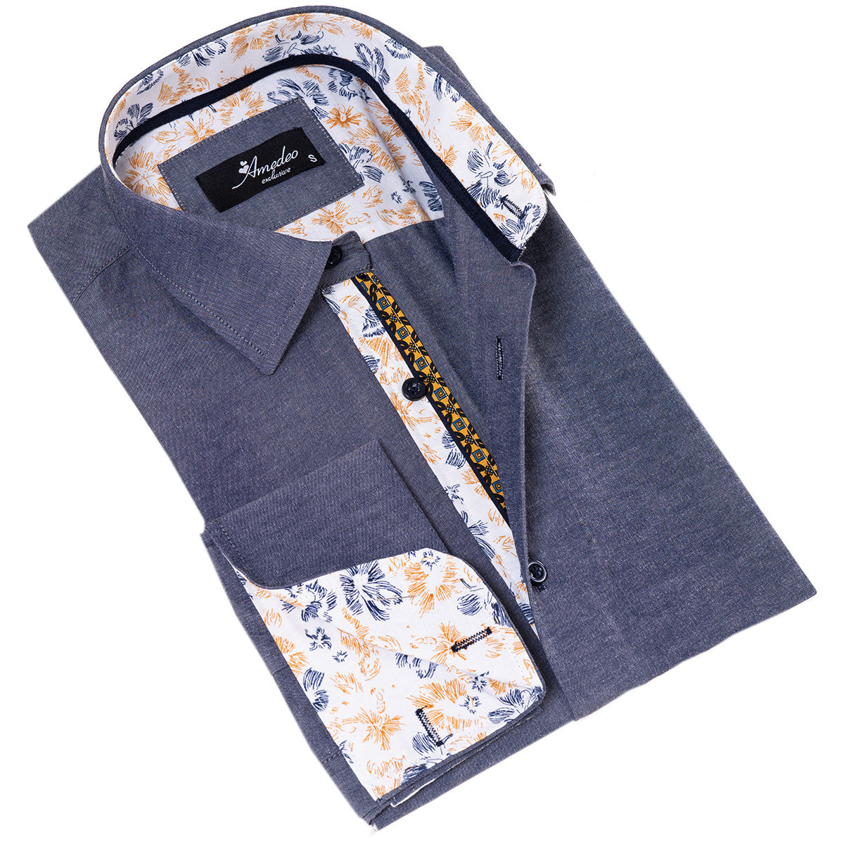 Bluish inside floral men's slim fit designer French cuff shirt with reversible cuffs, showcasing a modern design and premium cotton fabric.