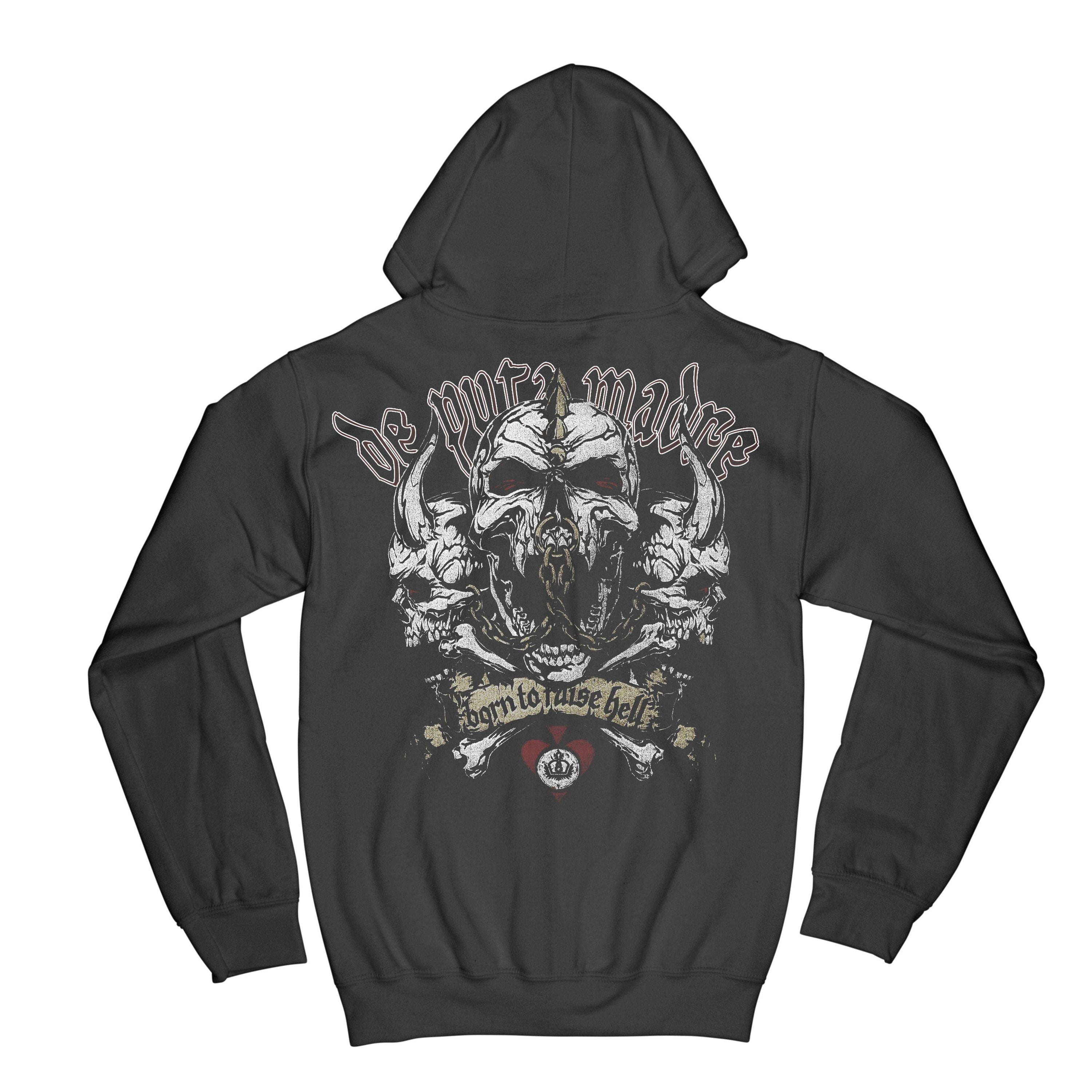 Men's Born to Hell zip hoodie featuring unique handmade prints and the DPM69 logo, showcasing trendy Italian streetwear style.