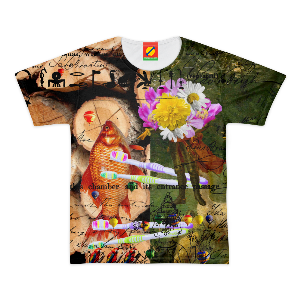 Men's all-over print tee featuring vibrant colors and a unique design, made from 100% cotton for comfort.