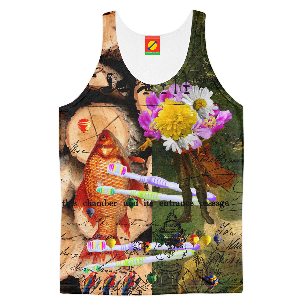 Vibrant women's tank top featuring an all-over print of goldfish and floral designs, perfect for summer wear.