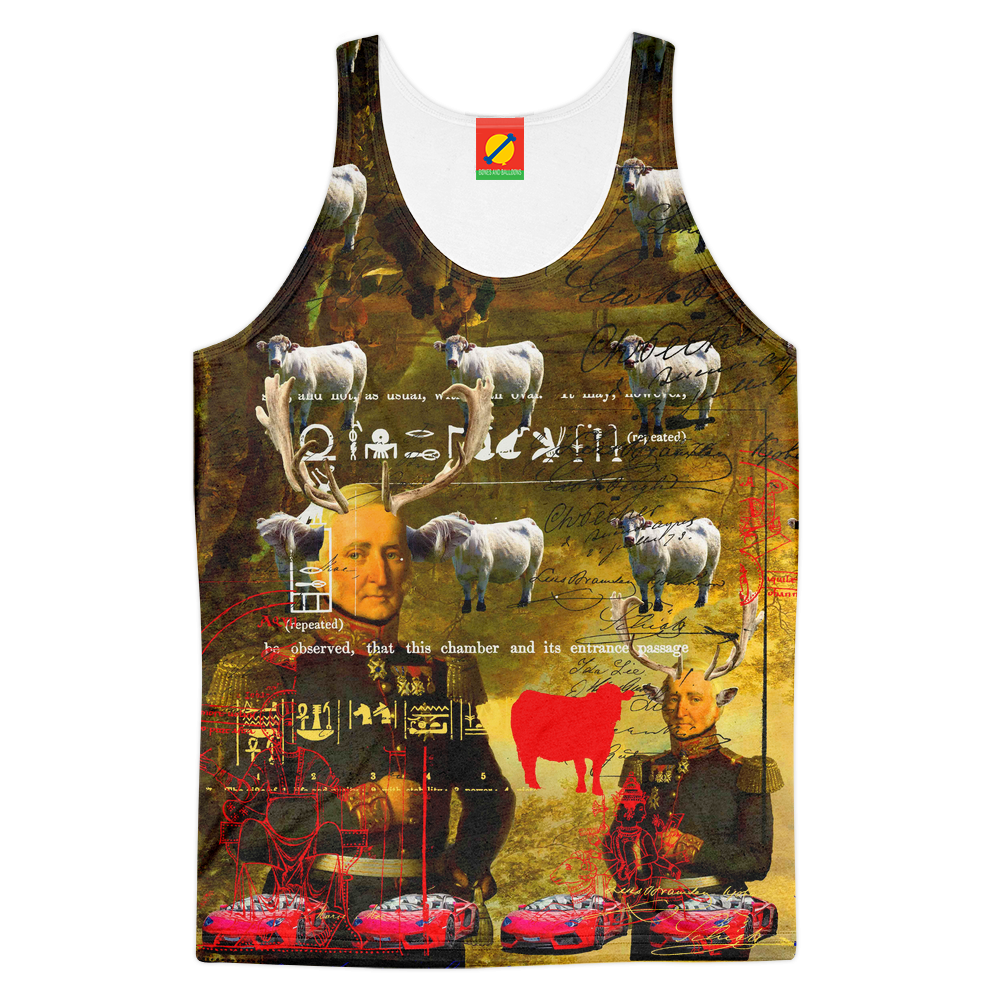 BOVINE Men's All Over Print Tank Top featuring vibrant colors and a high-resolution sublimation print, perfect for summer wear.
