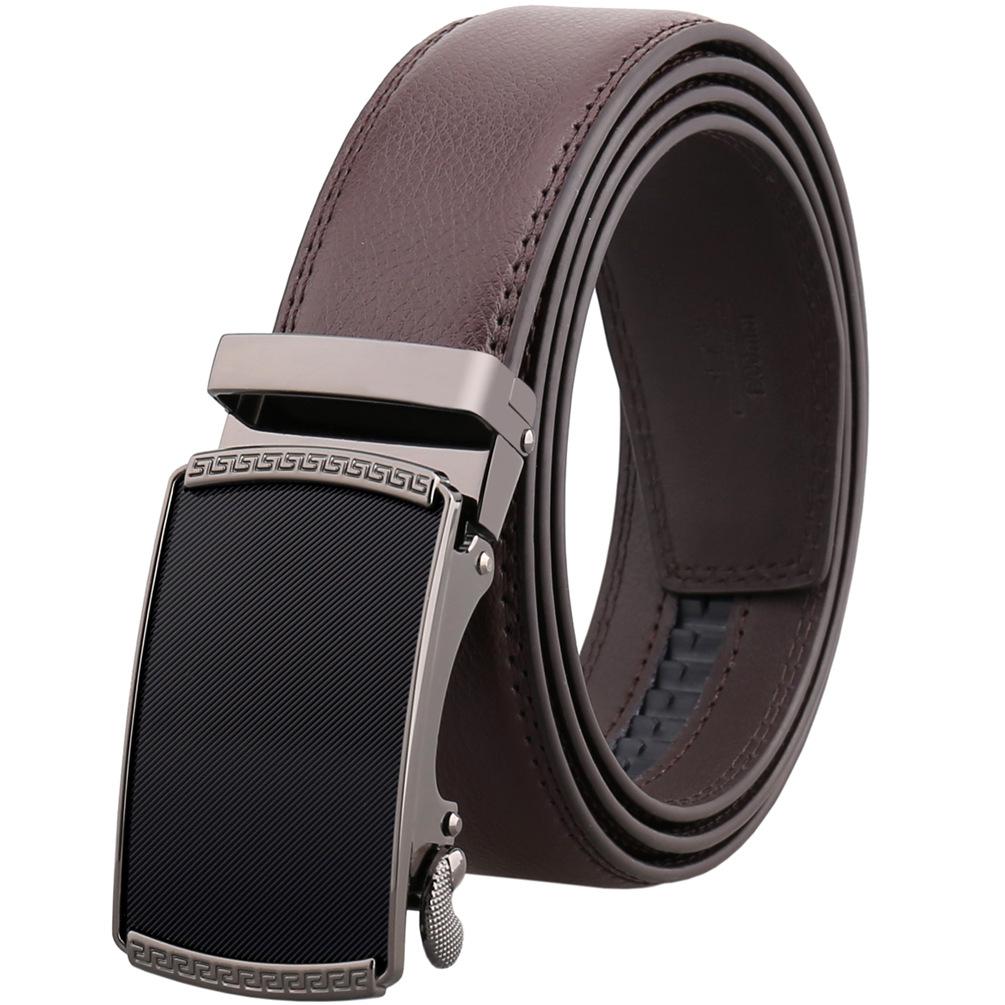 Brown adjustable ratchet slide buckle belt for men made of genuine leather with a stainless steel buckle.