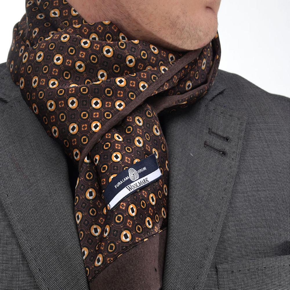 Brown Champagne Mens Silk Scarf featuring a stylish black, white, and red plaid pattern, made from luxurious silk and suede.