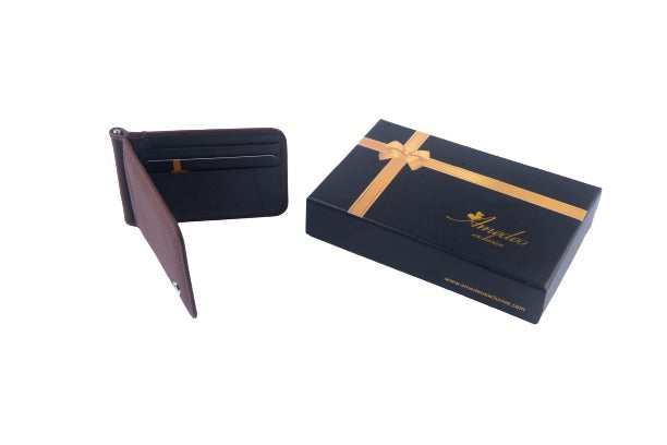 Brown genuine leather wallet for men, showcasing a slim and stylish design with multiple card slots.