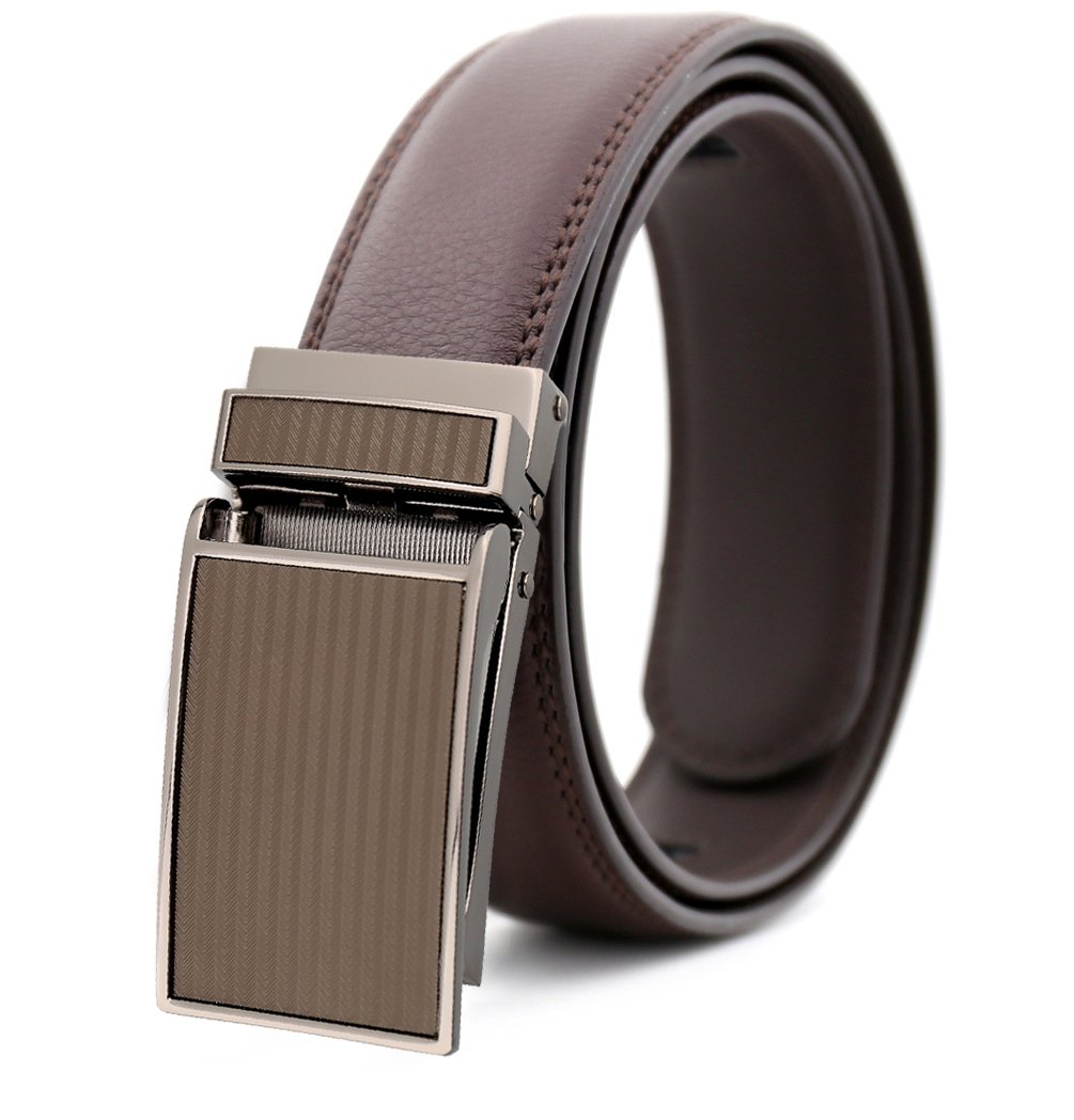 Brown men's adjustable ratchet slide buckle belt made of genuine leather, featuring a stainless steel automatic buckle.