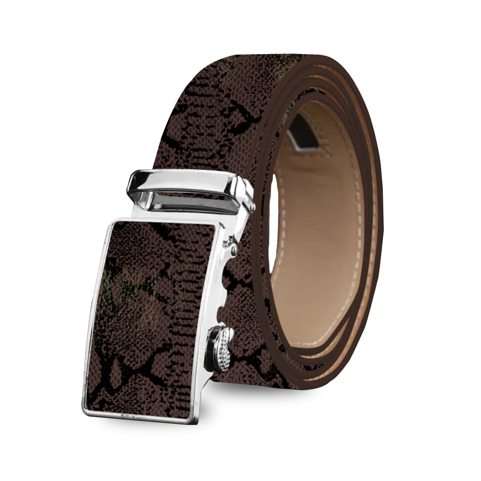 Brown men's adjustable ratchet slide buckle belt made of genuine leather, featuring a stainless steel buckle and a sleek design.
