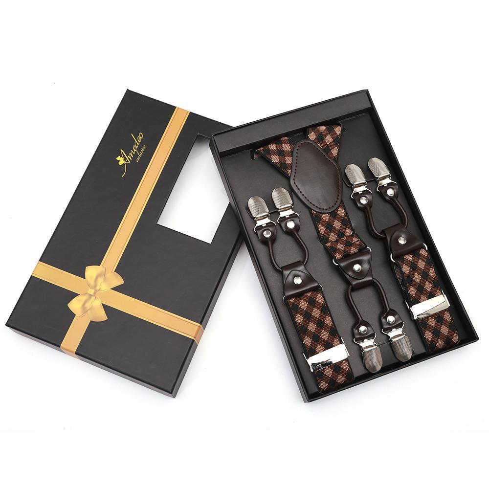 Brown Tan Check Dual Clip On Elastic Suspenders for Men, featuring adjustable clips and a stylish Y-back design.