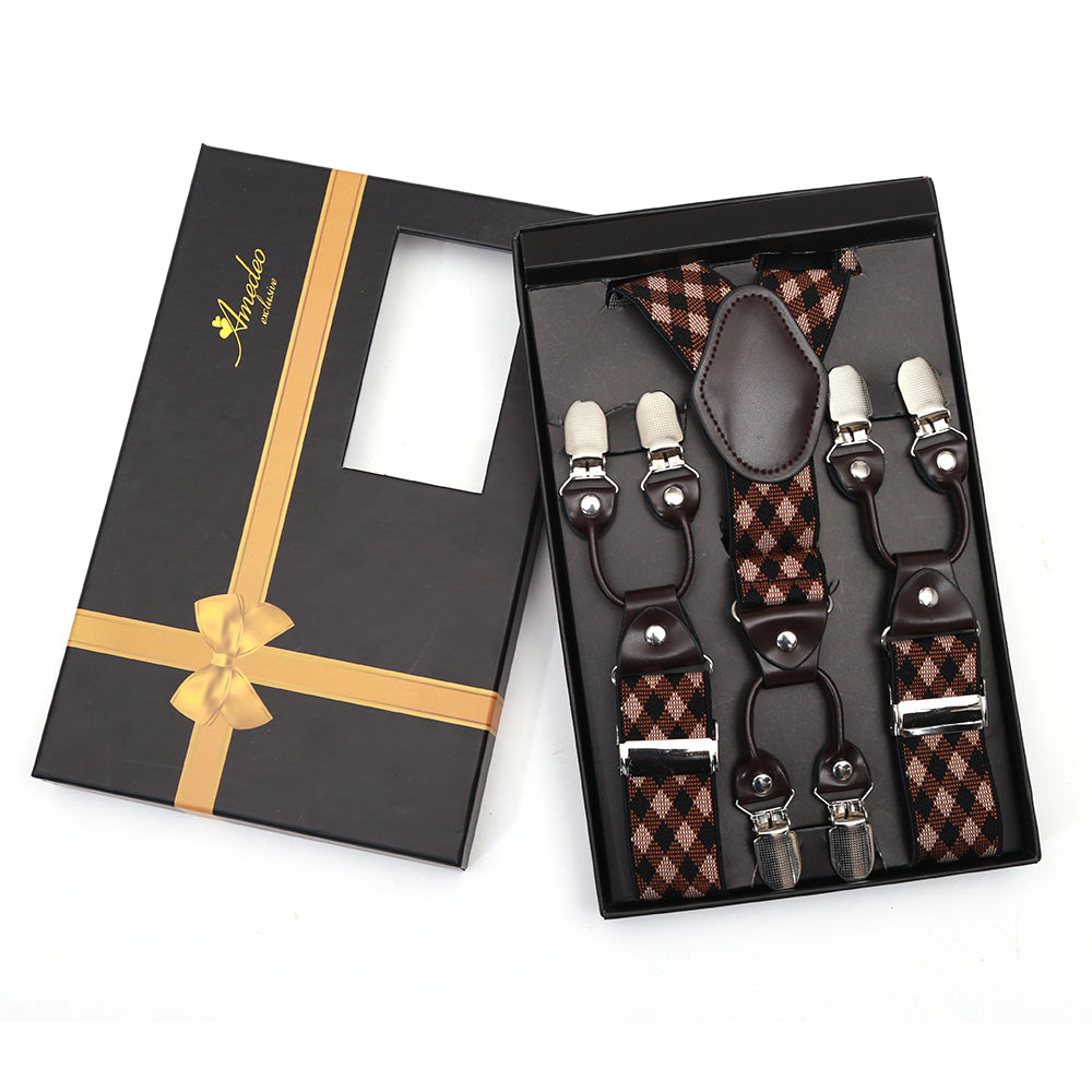Brown Tan Check Strap Dual Clip On Elastic Suspenders for Men, featuring adjustable metal clips and a stylish design.