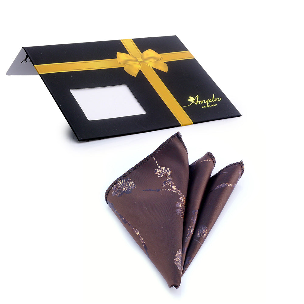 Brown and white mens pocket square made of premium jacquard woven silk, elegantly folded and displayed in a protective bag.