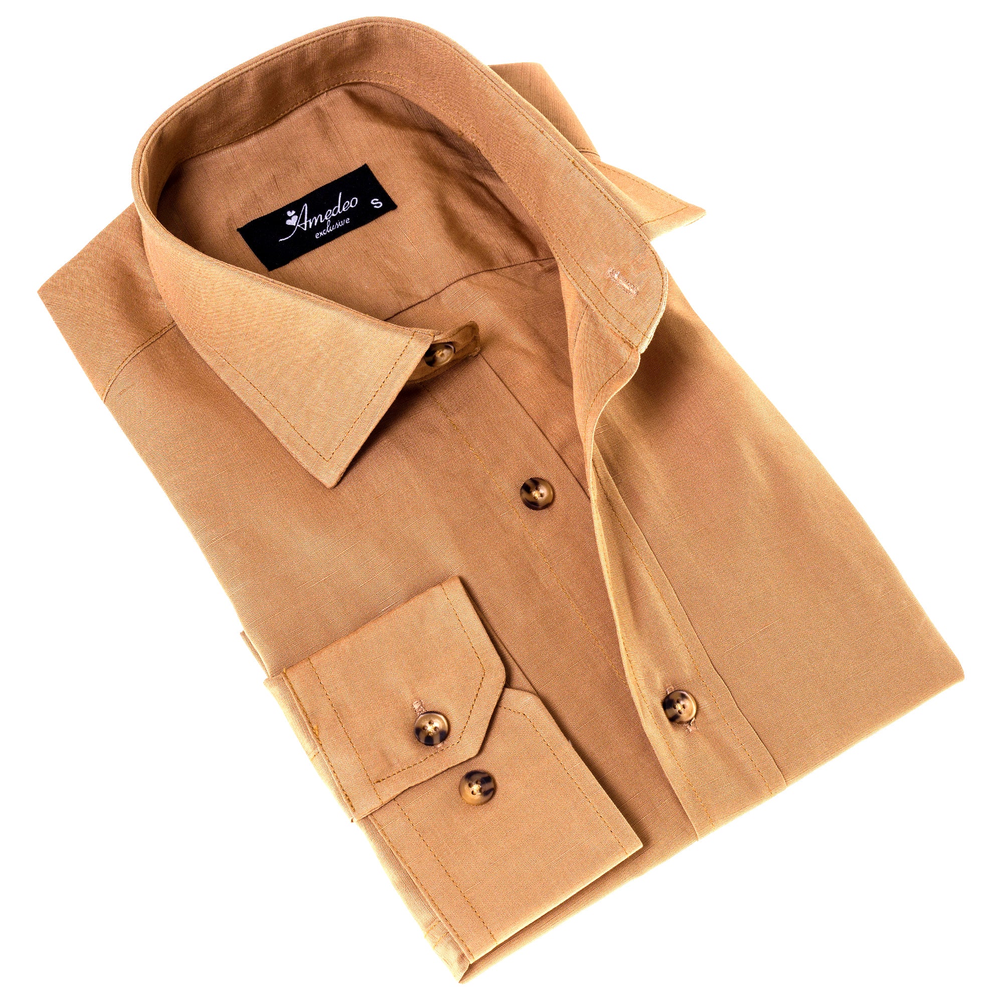 Brownish Luxury Men's Tailor Fit Button Up Linen Shirt displayed on a hanger, showcasing its elegant design and soft fabric.