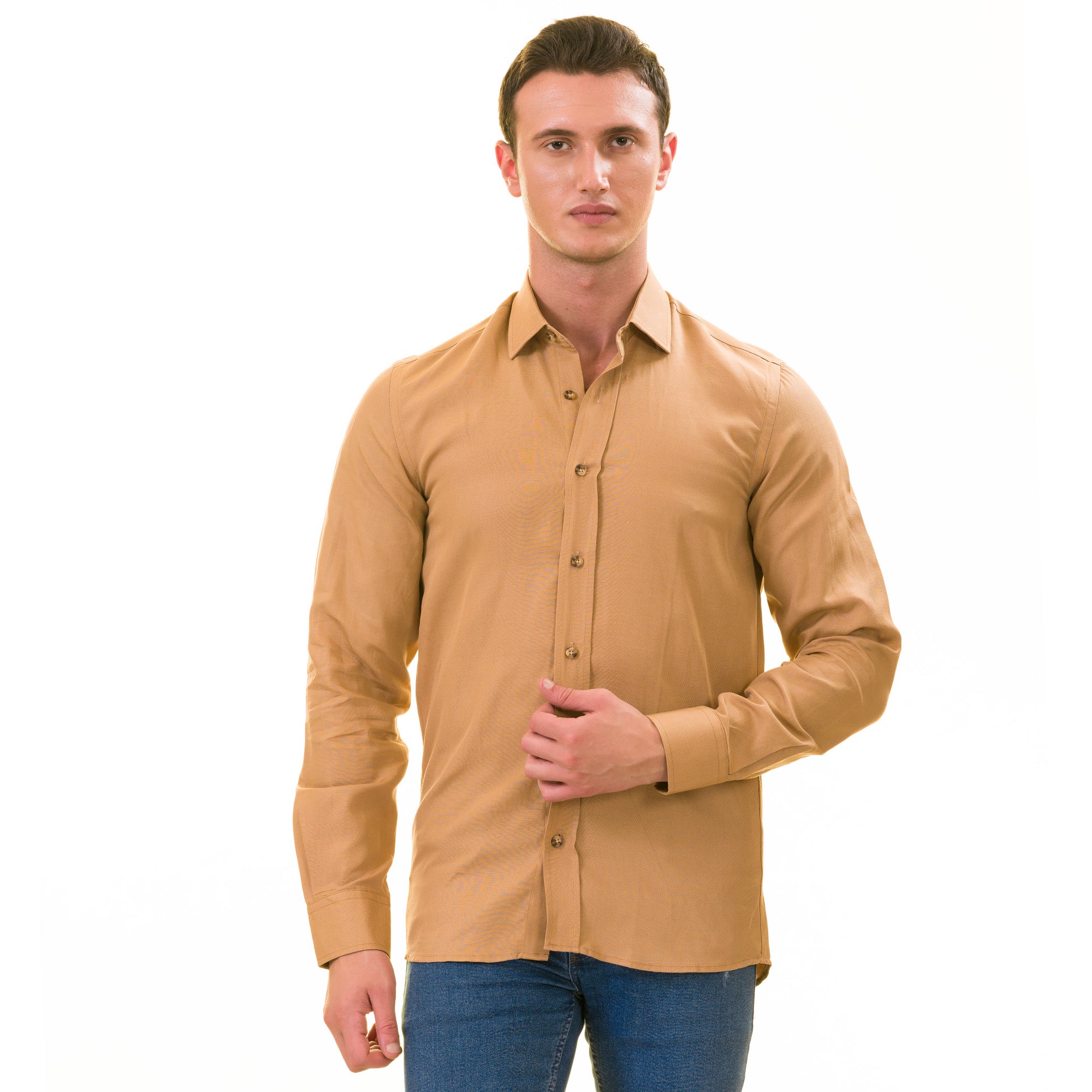 Brownish Luxury Men's Tailor Fit Button Up Linen Shirt displayed on a hanger, showcasing its elegant design and soft fabric.