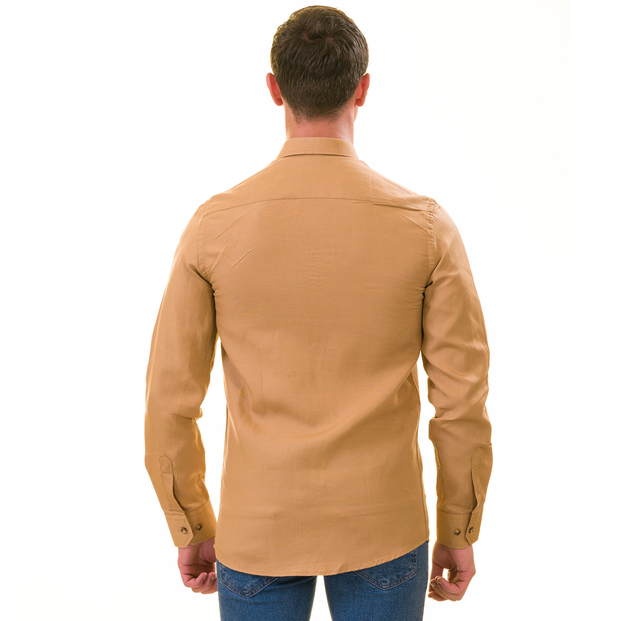 Brownish Luxury Men's Tailor Fit Button Up Linen Shirt displayed on a hanger, showcasing its elegant design and soft fabric.