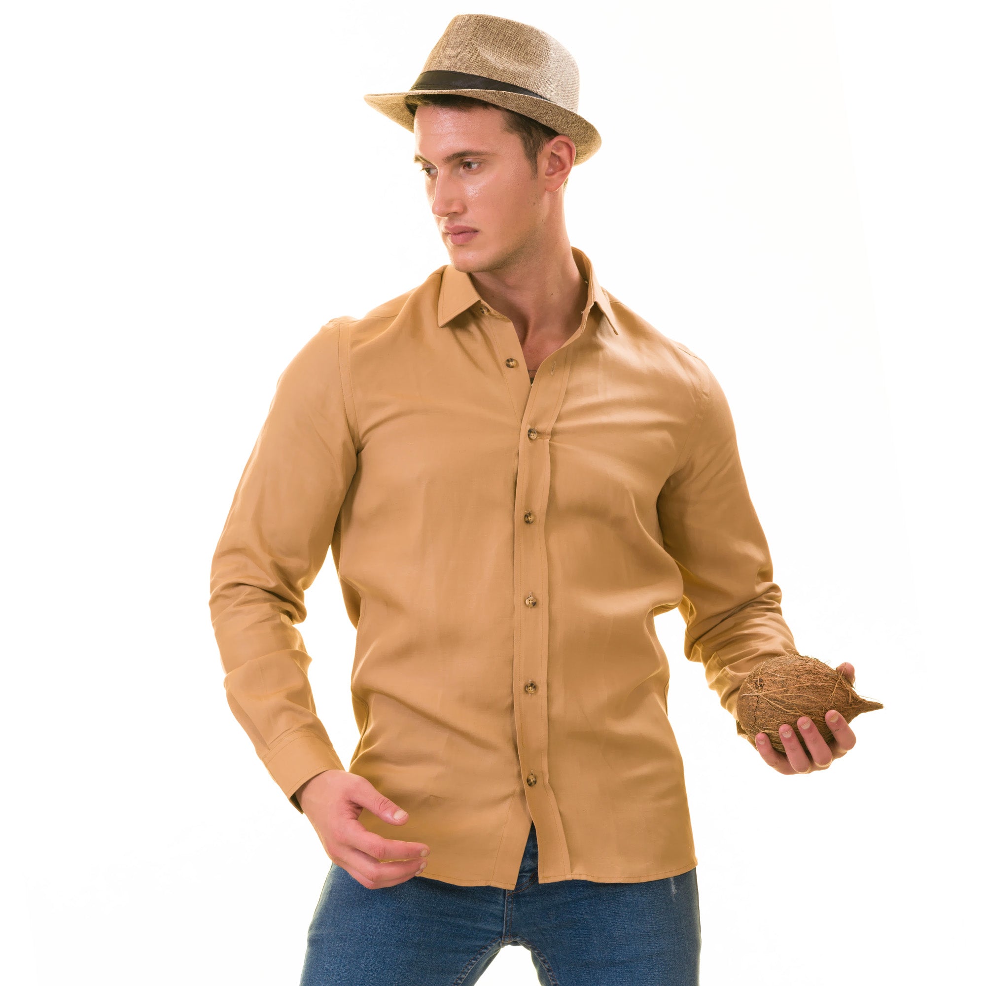 Brownish Luxury Men's Tailor Fit Button Up Linen Shirt displayed on a hanger, showcasing its elegant design and soft fabric.