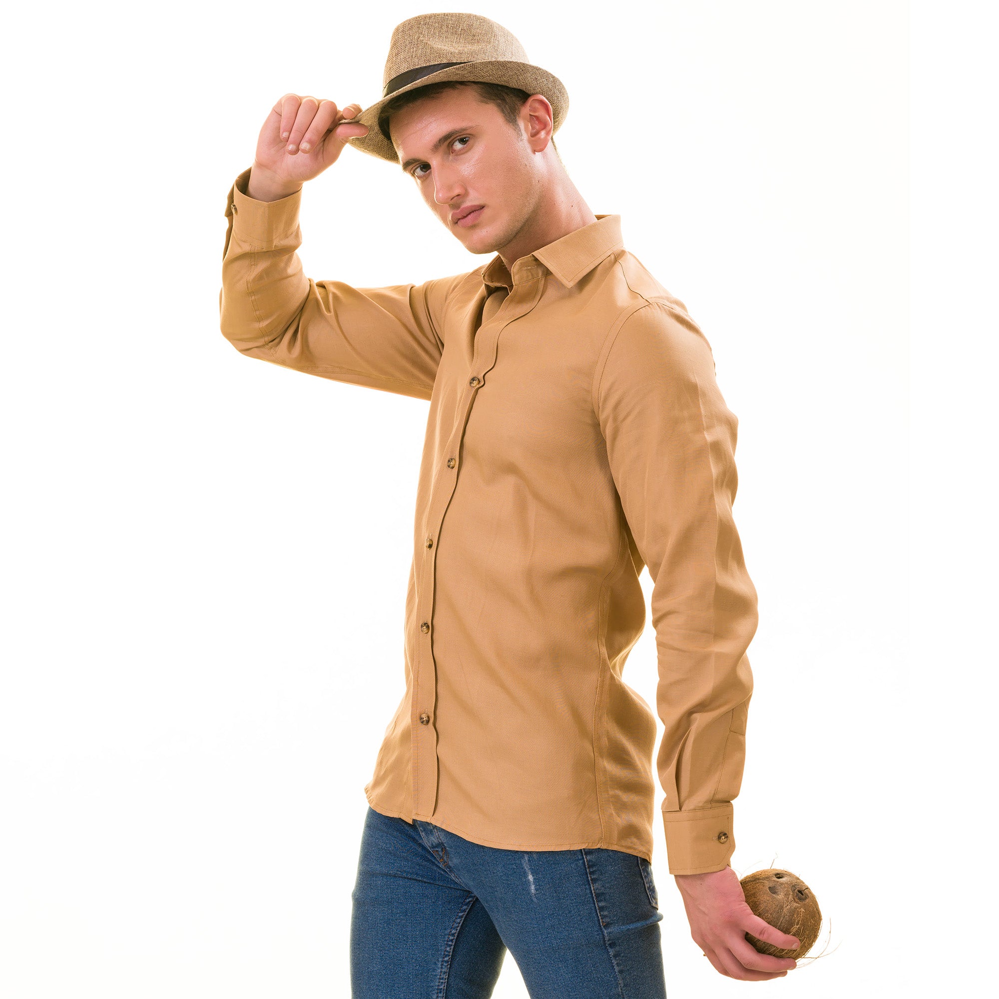 Brownish Luxury Men's Tailor Fit Button Up Linen Shirt displayed on a hanger, showcasing its elegant design and soft fabric.