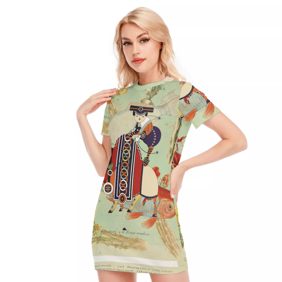 BULL AND CIRCLES Cotton All-Over Print Women's Short Sleeve Tee Dress showcasing vibrant colors and a stylish design.