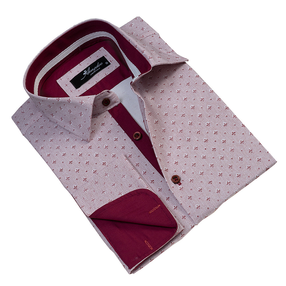 Burgundy and white polka dots men's slim fit designer French cuff shirt, showcasing a stylish spread collar and designer cuff.