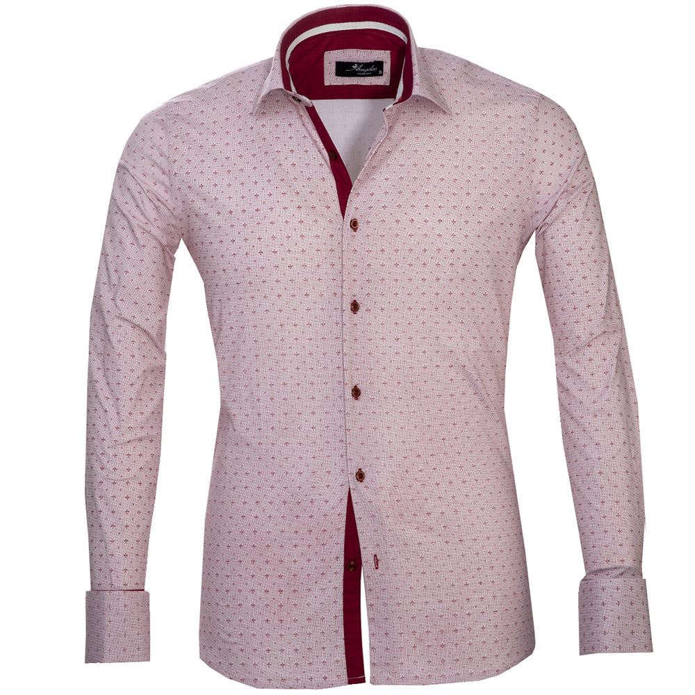 Burgundy and white polka dots men's slim fit designer French cuff shirt, showcasing a stylish spread collar and designer cuff.