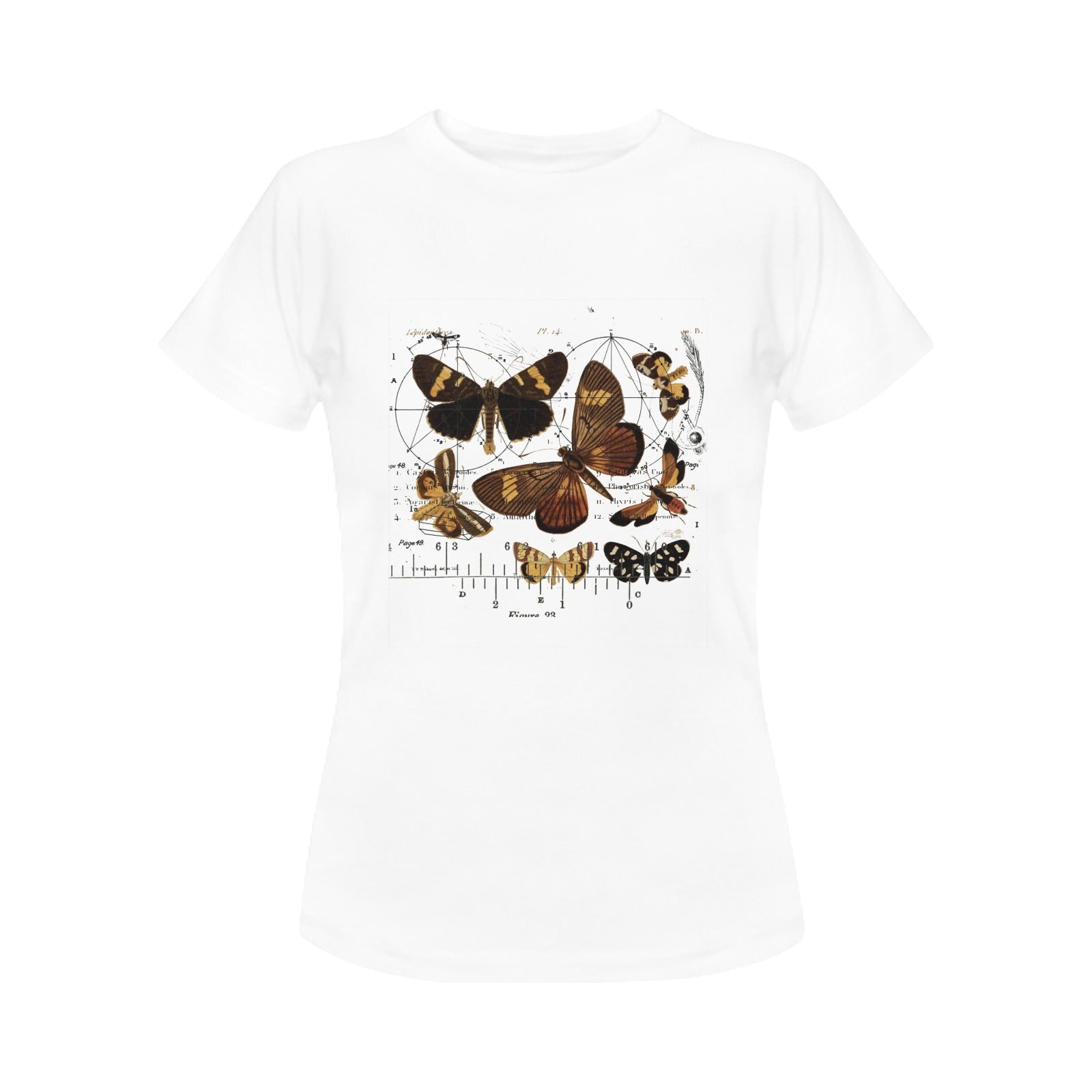 Butterflies 4 Women's Printed Cotton Tee Shirt featuring vintage nature illustrations in vibrant colors.