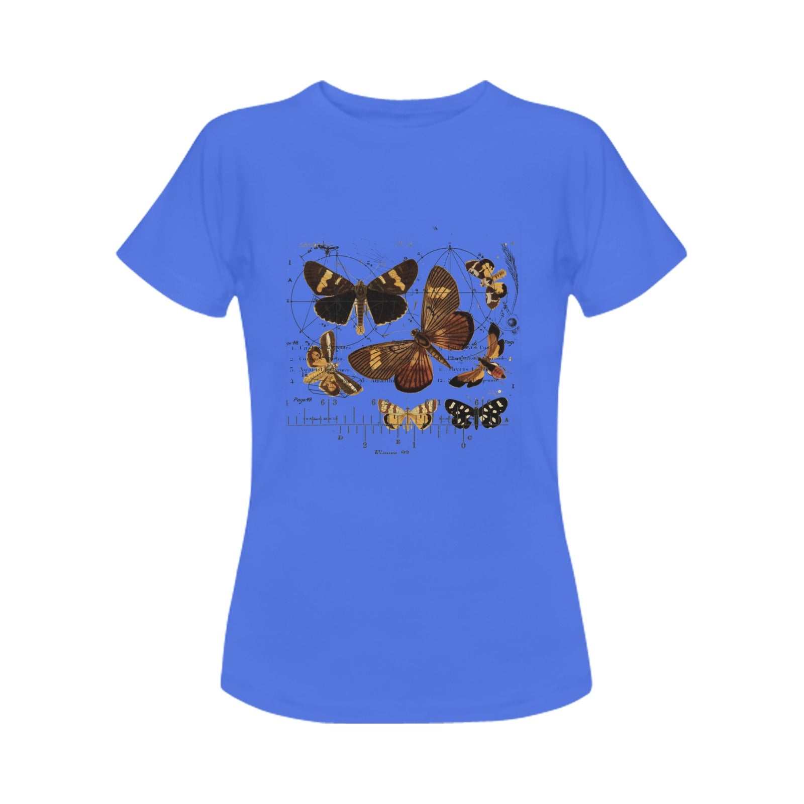 Butterflies 4 Women's Printed Cotton Tee Shirt featuring vintage nature illustrations in vibrant colors.