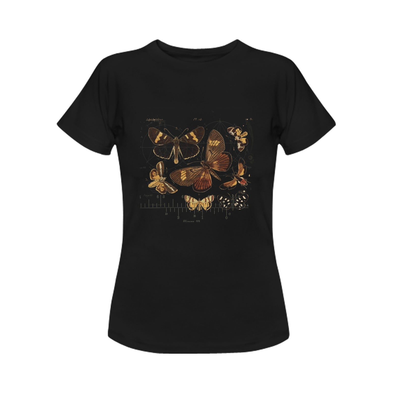 Butterflies 4 Women's Printed Cotton Tee Shirt featuring vintage nature illustrations in vibrant colors.