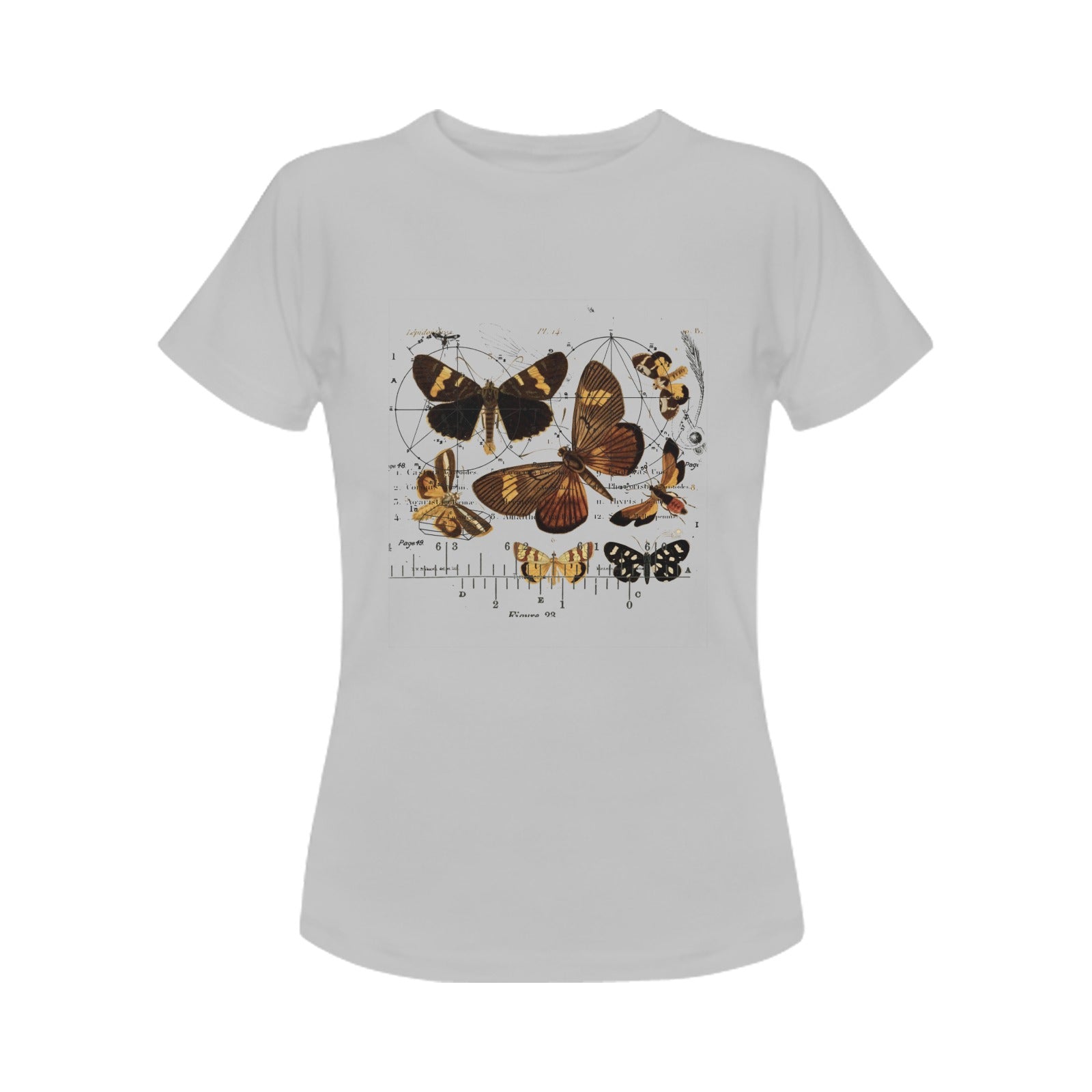 Butterflies 4 Women's Printed Cotton Tee Shirt featuring vintage nature illustrations in vibrant colors.