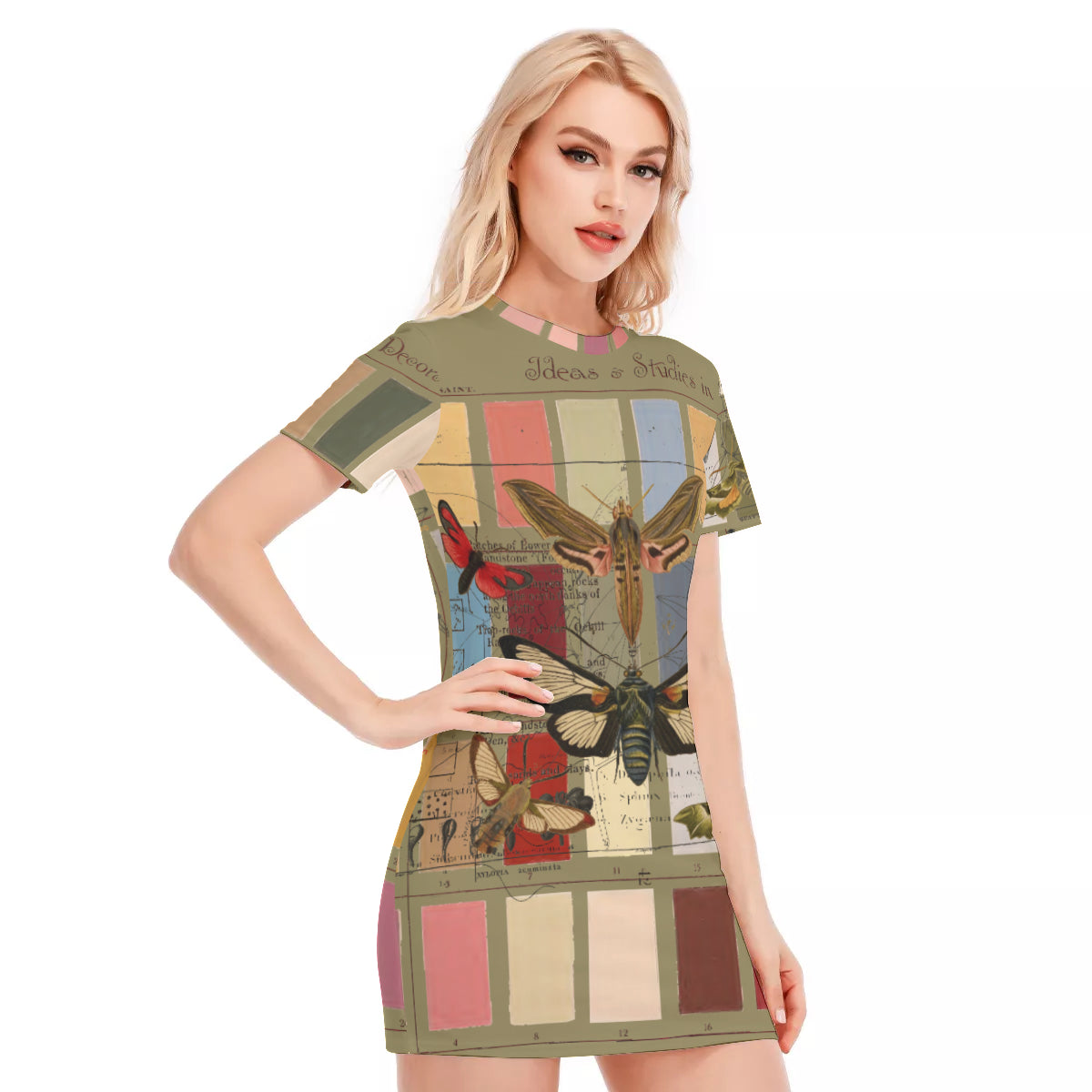 Olive green women's short dress with colorful butterfly print, made of 100% cotton, perfect for summer wear.