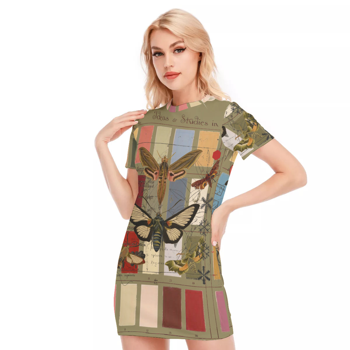 Olive green women's short dress with colorful butterfly print, made of 100% cotton, perfect for summer wear.
