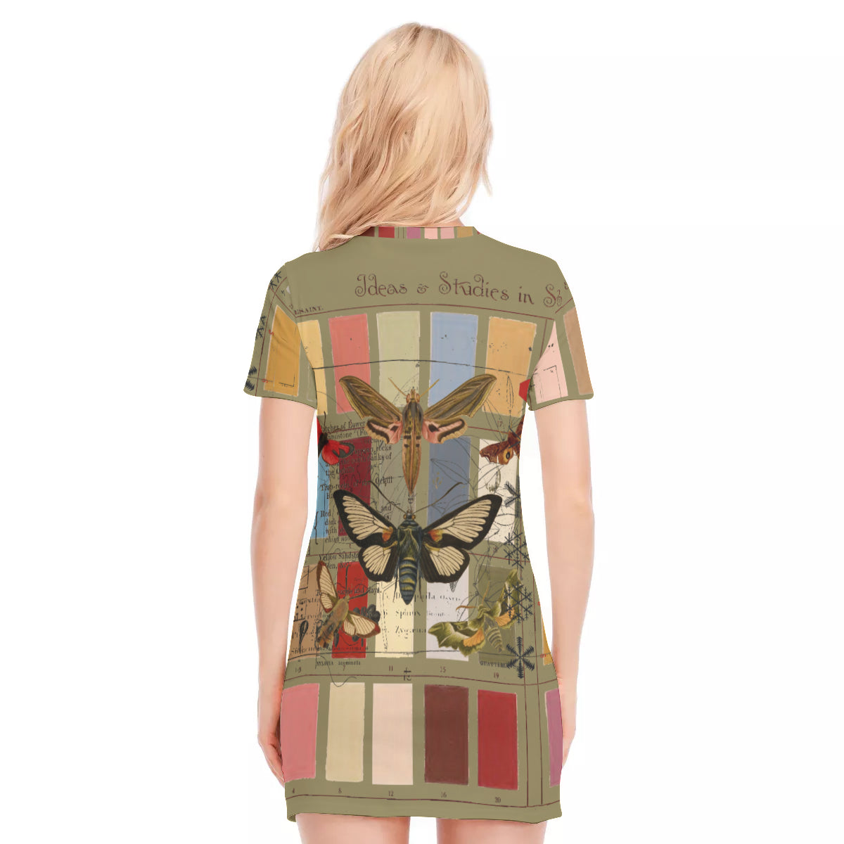 Olive green women's short dress with colorful butterfly print, made of 100% cotton, perfect for summer wear.
