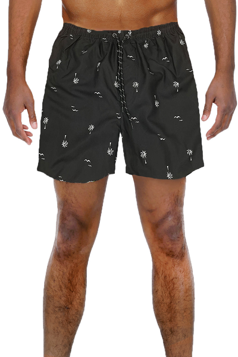 B/W Palm Print Swim Shorts featuring a stylish palm design, regular fit, and mesh lining, perfect for beach and pool activities.