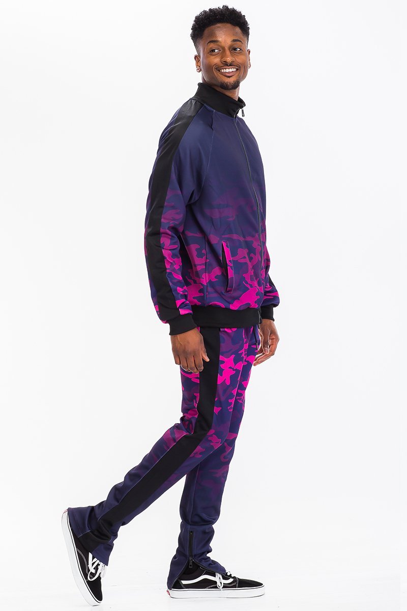 Camo Ombre Track Set featuring a stylish camouflage print, elasticated waist, and hidden ankle zipper, perfect for workouts and casual wear.